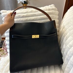 Tory Burch Lee Radziwill Double Black leather bag with brown leather handle